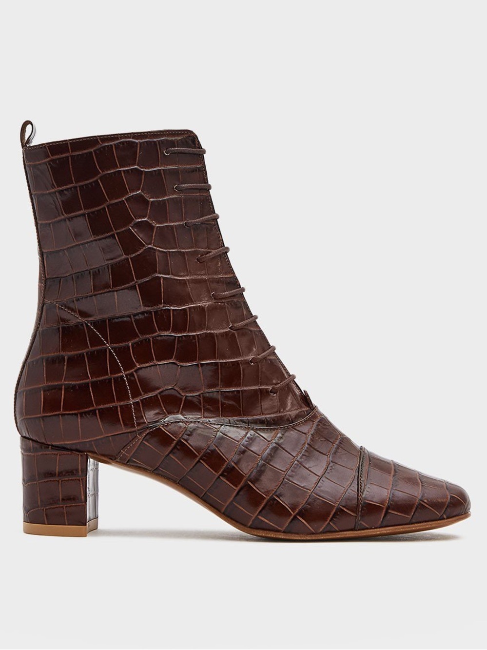 BY FAR Croc-Embossed Dark Brown Leather Ankle Boots